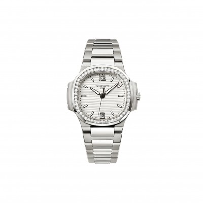 PATEK PHILIPPE NAUTILUS SILVER DIAL DIAMOND STEEL LADIES WATCH 7018 32MM 